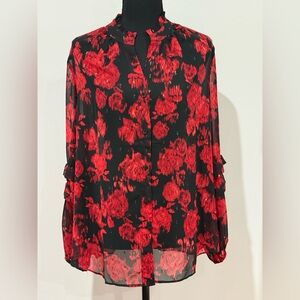 Chico's Black Blouse with Red Floral Print